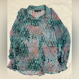 Allen B. Shirt Women MEDIUM Blue Geometric Button Up Collared Long Sleeve CASUAL